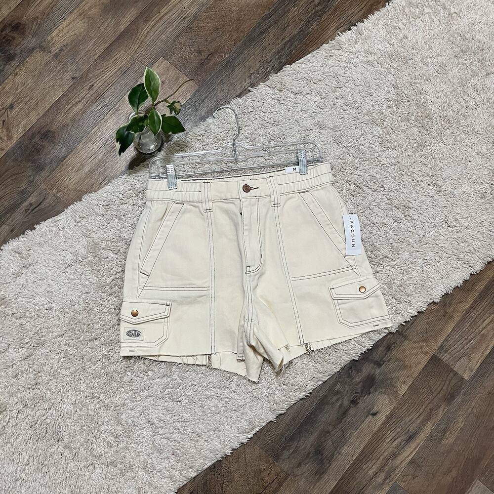 Pacsun Size Medium Bone Cream High-Rise Cut Off Denim Cargo Utility Shorts NWT